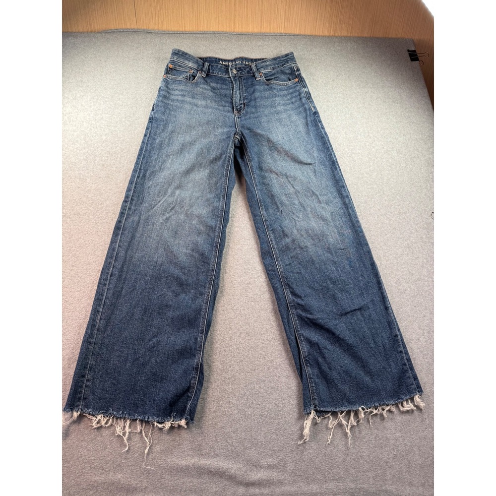 American Eagle Super High-Rise Baggy Wide Leg Jeans Blue Raw Hem 8 Regular